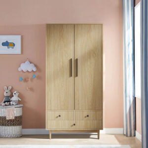 Custom Wholesale Wooden-Look 2-Door Kids Wardrobe with Drawers | Nordic-Style Children's Bedroom Storage Closet-JMJ-W011