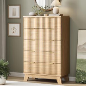 Light Wood 5-Drawer Chest | Fluted Front Drawer Cabinet Chest of Drawers for Bedroom Storage-JMJ-DR002