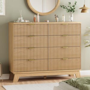 Light Wood 8-Drawer Dresser | Fluted Front Chest of Drawers Drawer Cabinet for Bedroom & Living Room-JMJ-DR004