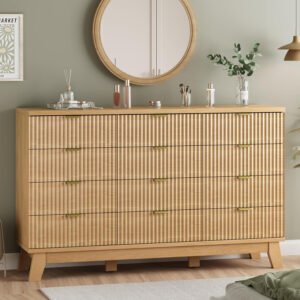 Customizable Light Wood 12-Drawer Ribbed-Front Dresser | Bulk Order Scandinavian Chest of Drawers for Bedroom & Living Room-JMJ-DR006