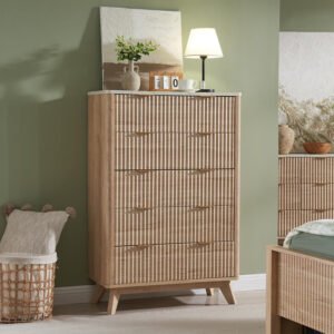 Customizable Light Wood 5-Drawer Ribbed-Front High Chest | Bulk Order Scandinavian Dresser for Bedroom & Living Room-JMJ-DR007