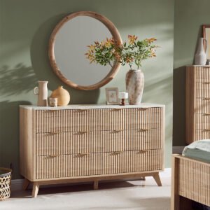 Customizable Light Wood 6-Drawer Ribbed-Front Dresser with Marble Top | Bulk Order Scandinavian Chest of Drawers for Living Room & Bedroom-JMJ-DR008