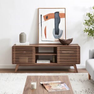 Mid-Century Wooden Media Console | Slatted-Door Walnut TV Stand for Living Room-JMJ-T004