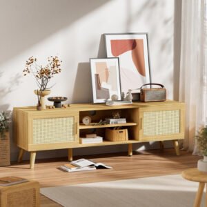 Scandinavian Rattan Media Console | Light Wood TV Stand for Living Room-JMJ-T007