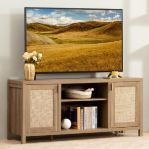 Boho Rattan Media Console | Natural Wood TV Stand for Living Room-JMJ-T008