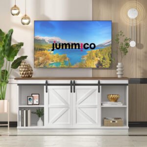 Modern Farmhouse White Media Console | Sliding Barn Door TV Stand for Living Room-JMJ-T009