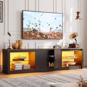 Modern LED Media Console | Dark Wood TV Stand with Lighted Storage-JMJ-T013